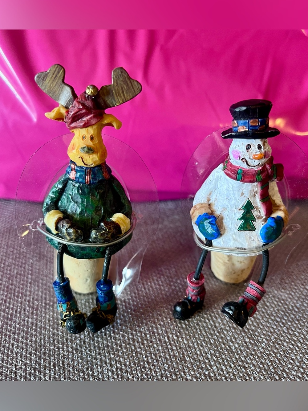 Christmas Holiday Danglers Hand Painted Bottle Stopper Wine Cork Moose, Snowman